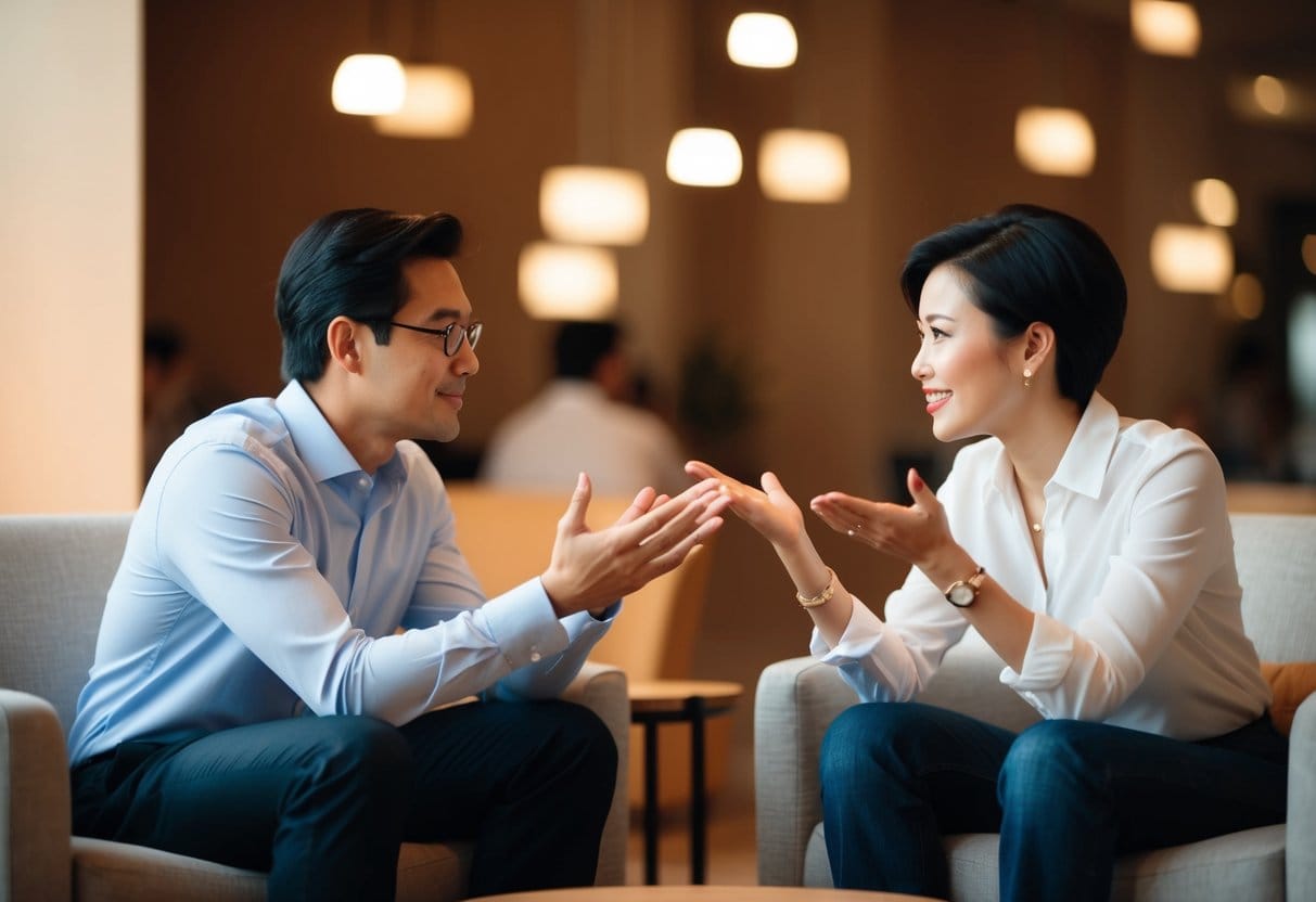 Two figures sitting across from each other, one leaning forward attentively, the other gesturing with open palms. A warm, inviting atmosphere with soft lighting and comfortable seating