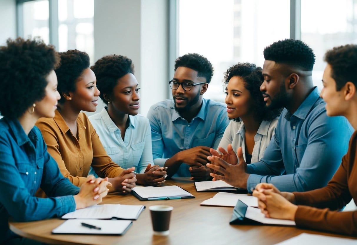 A diverse group of individuals engaged in deep conversation, demonstrating understanding and connection