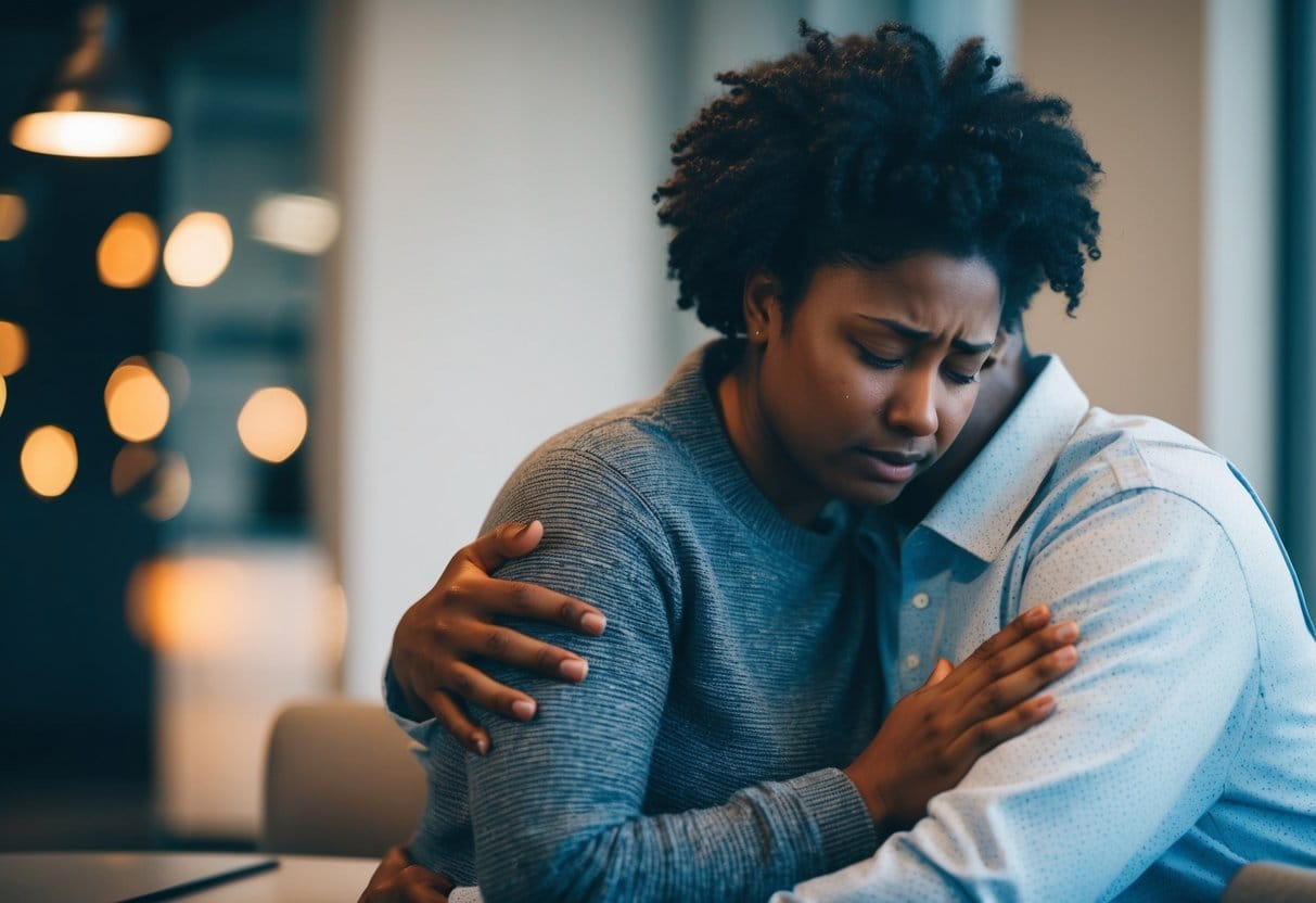 A person comforting a distressed individual, showing understanding and support