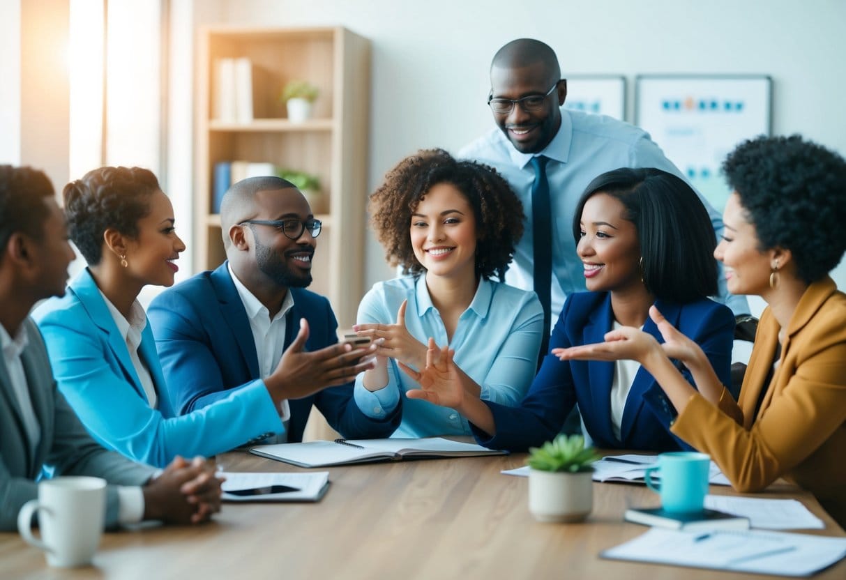 A group of diverse individuals engage in active listening and supportive gestures, creating a warm and inclusive atmosphere in a professional setting