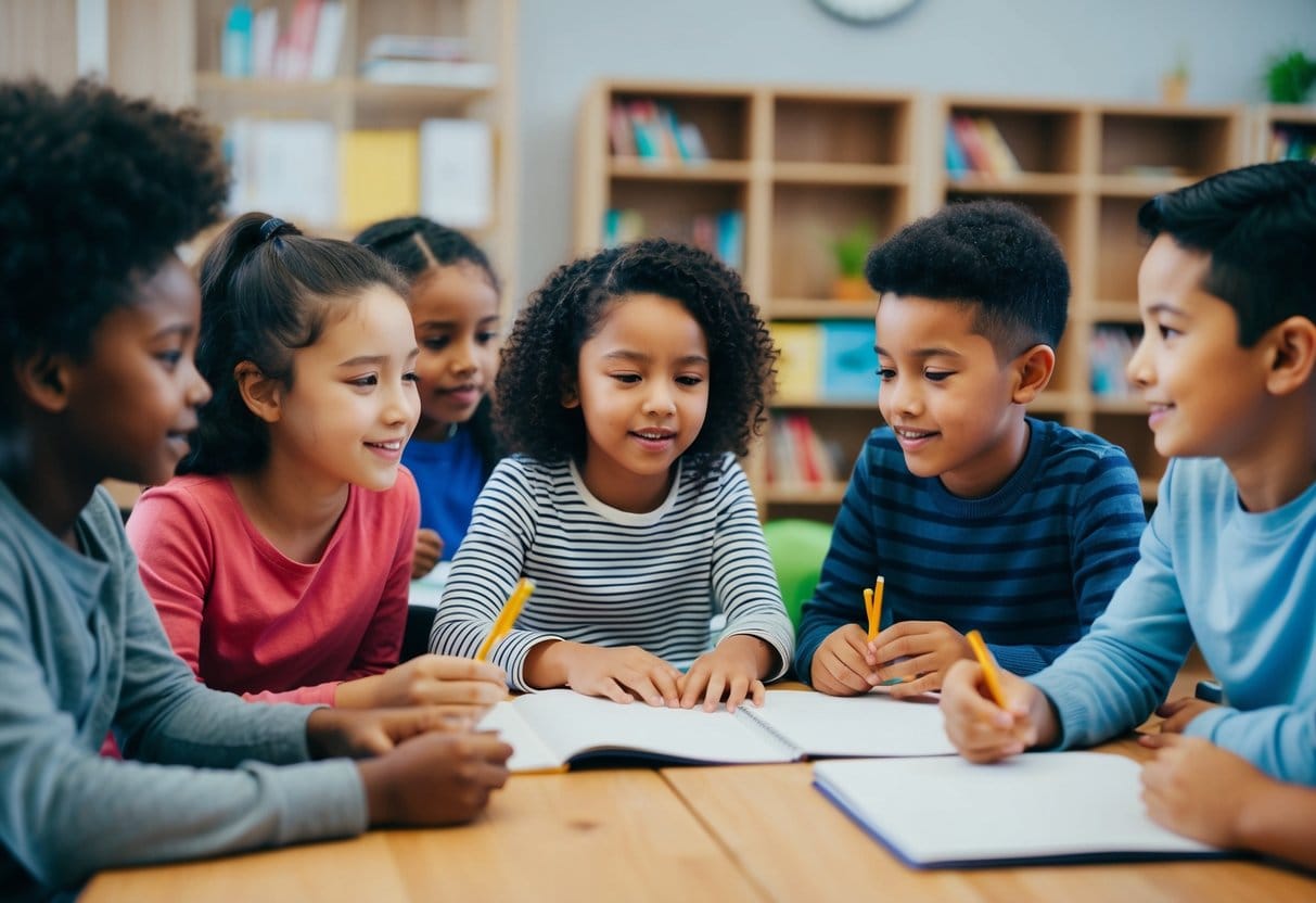 A diverse group of children engage in a collaborative activity, demonstrating empathy and understanding towards one another