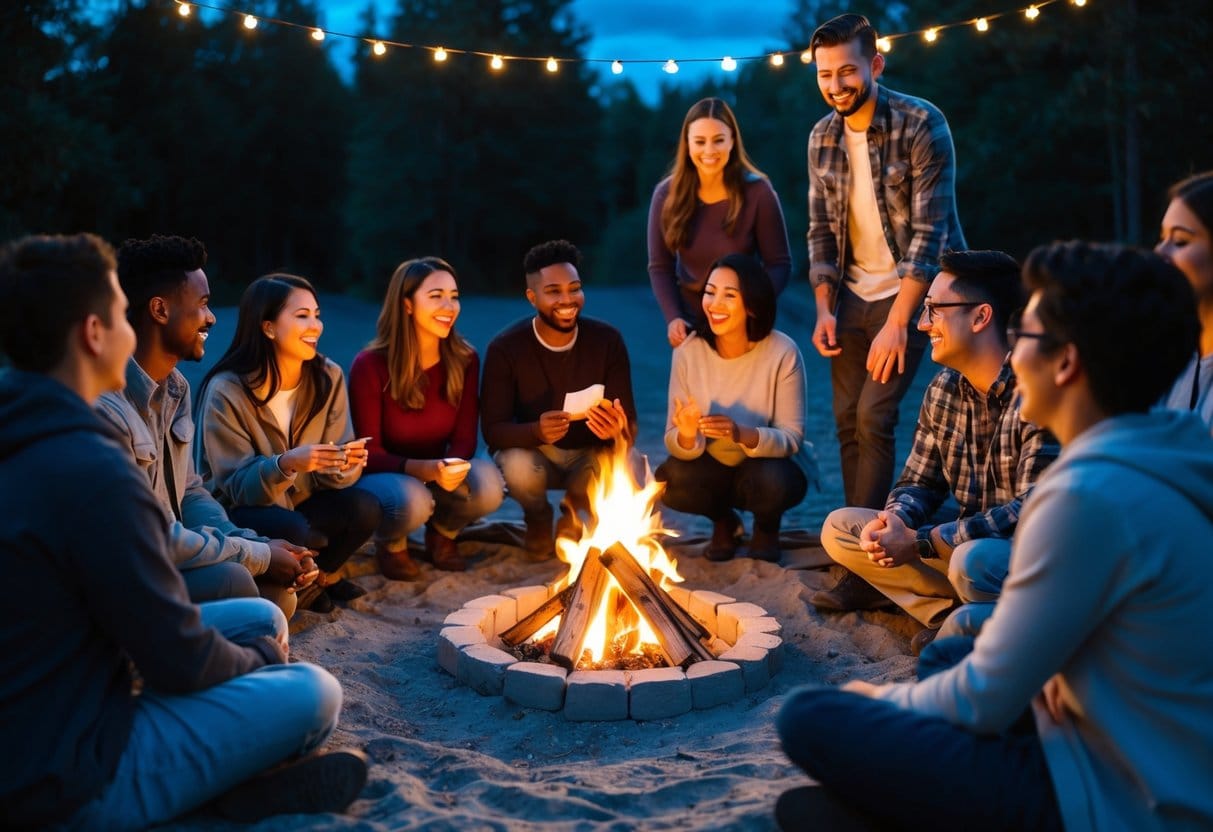A group of diverse individuals gather around a campfire, sharing stories and laughter under the stars, surrounded by a circle of supportive friends