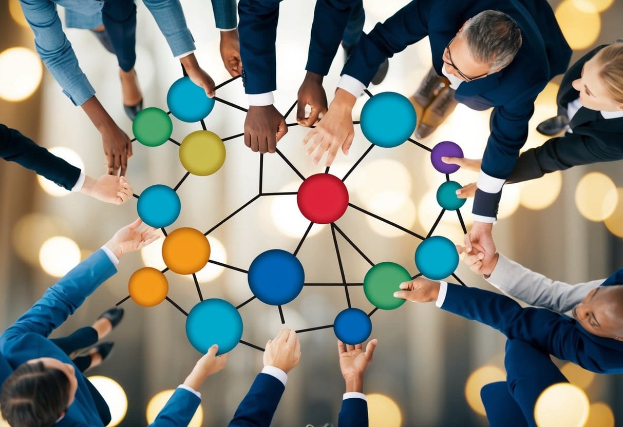 A diverse group of interconnected circles, each representing a different person or support system, coming together to form a strong and united network