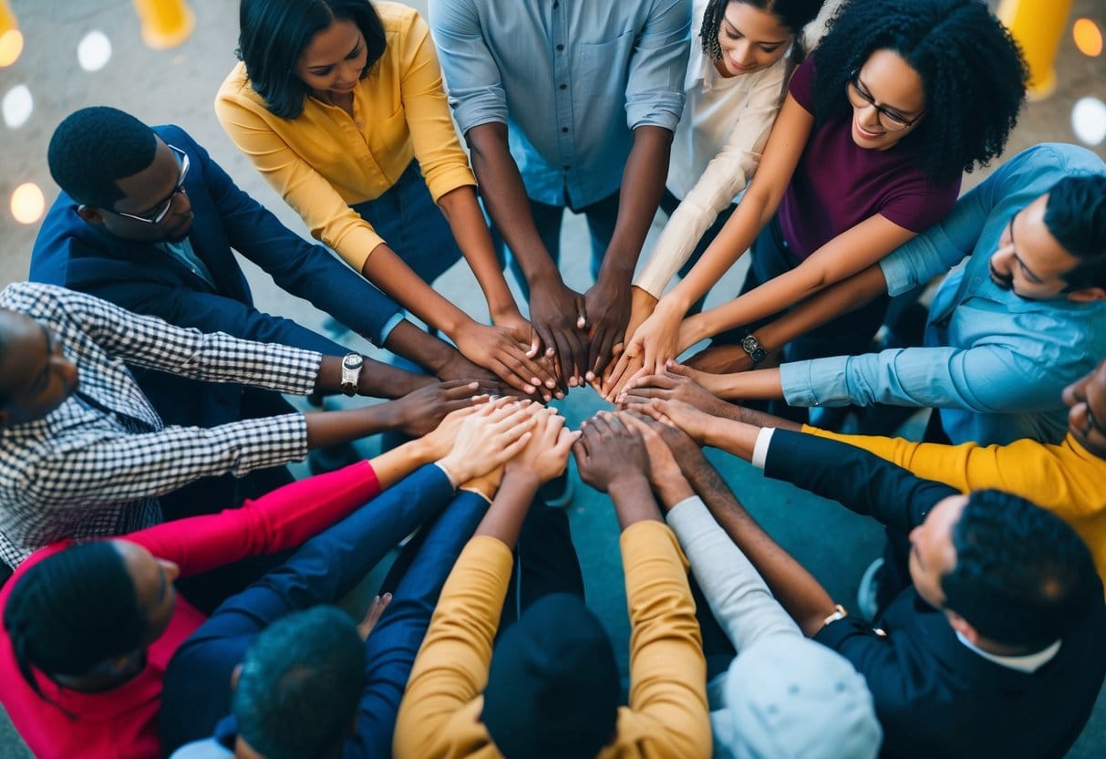 A circle of diverse individuals standing together, arms linked, surrounded by symbols of support and unity
