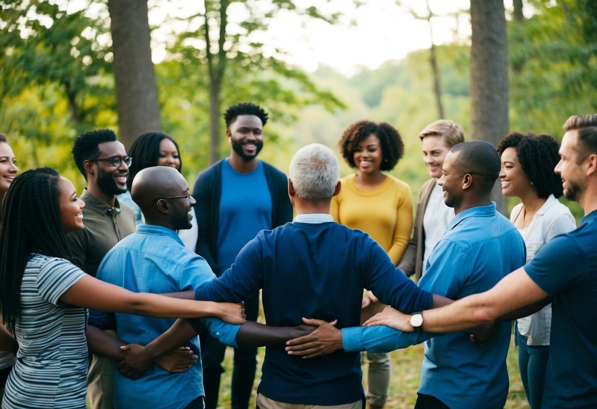 A group of diverse people gather in a circle, arms linked, smiling and talking. Trees and nature surround them, symbolizing support and connection
