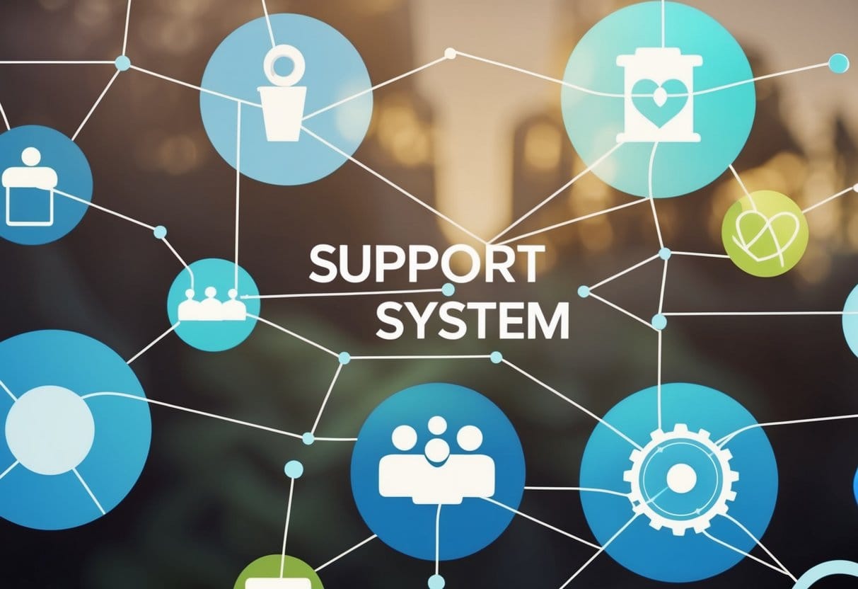 A group of diverse, interconnected circles symbolizing a support system, with lines connecting and overlapping, representing the network of emotional support