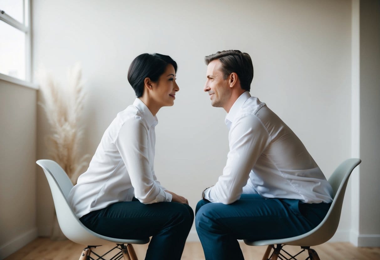 Two figures sit facing each other, their body language open and engaged. A calm, neutral environment surrounds them, with soft lighting and minimal distractions