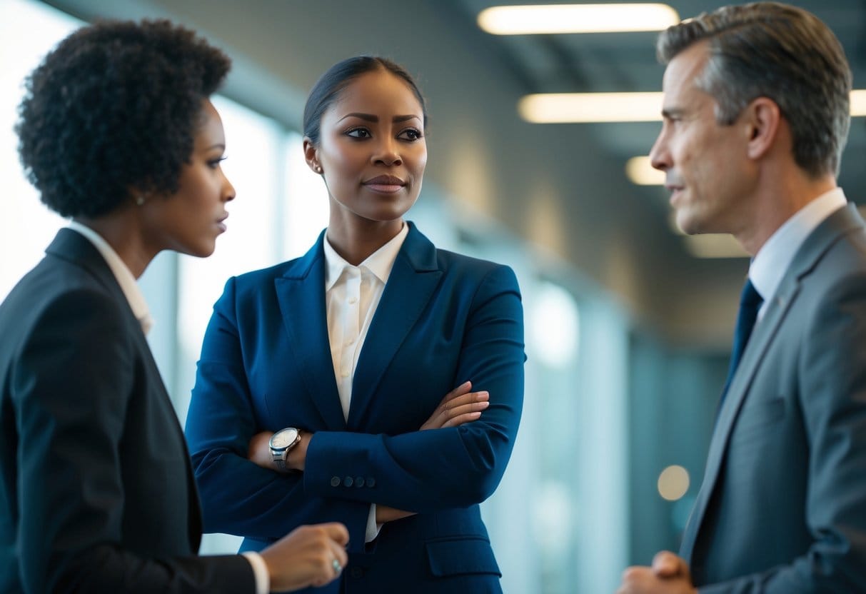 A person standing tall and straight, with a determined expression, engaging in a challenging conversation with another figure