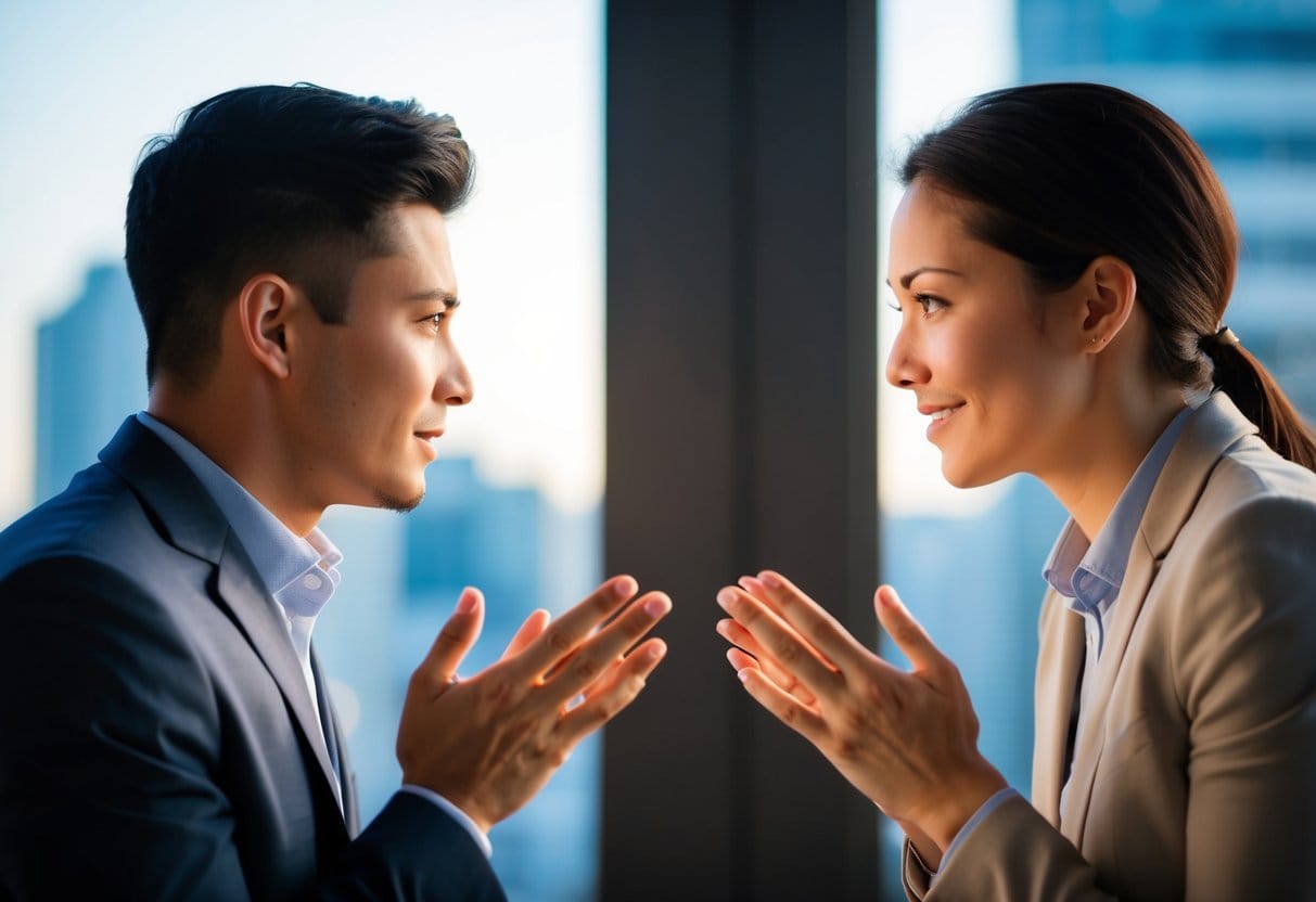 Two people facing each other, one with a confident stance and the other with a receptive posture. Gestures and facial expressions convey active listening and assertiveness
