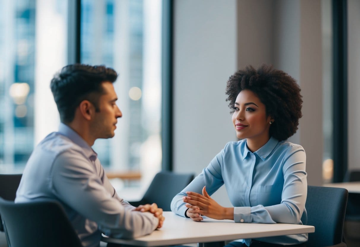 Two individuals sitting across from each other, maintaining eye contact and open body language. One person appears calm and collected, while the other is actively listening and nodding