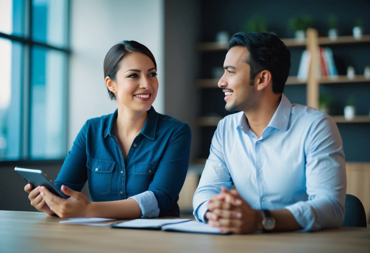 A person giving feedback while the other listens attentively, both expressing openness and understanding through body language and facial expressions
