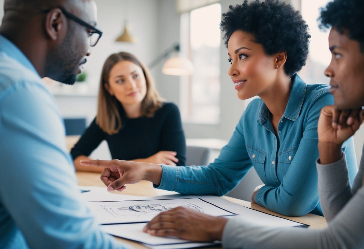 A person pointing to a drawing, while another person listens attentively, with a thoughtful expression