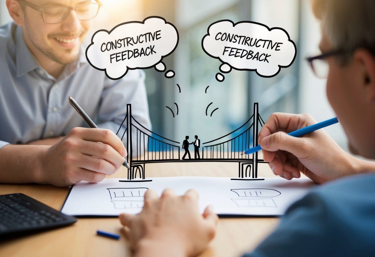 A person drawing a bridge connecting two people, with speech bubbles representing constructive feedback flowing back and forth