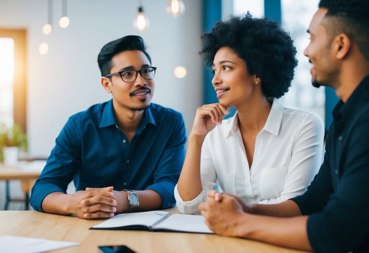 A person offering a thoughtful critique while another person listens attentively, both engaged in a constructive conversation