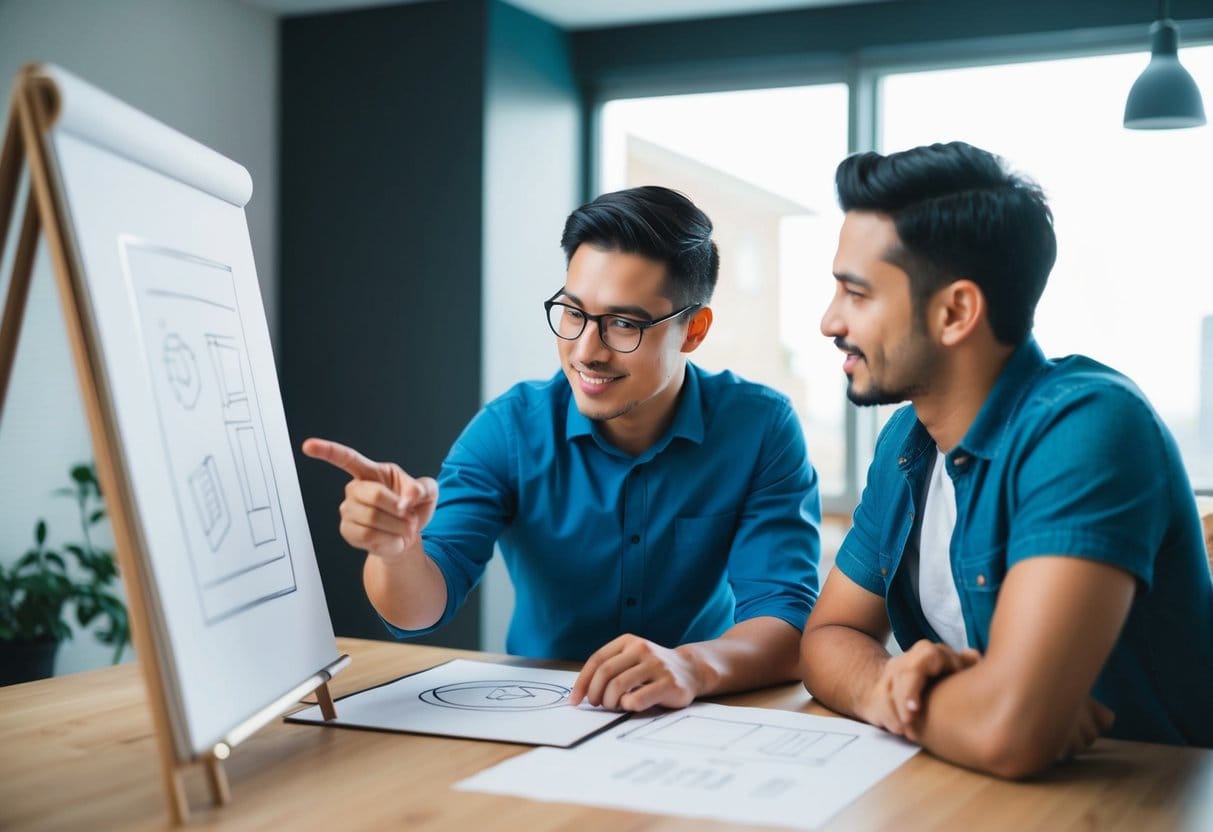 A person pointing to a drawing while another person nods and listens attentively. Both are engaged in a constructive conversation, surrounded by positive energy