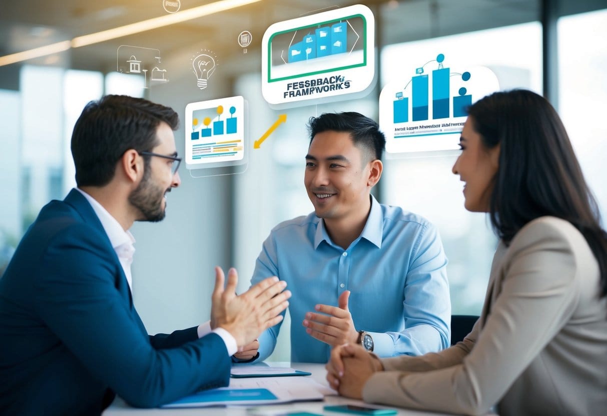 A person giving feedback to another, both engaged in a constructive conversation, with visual representations of feedback frameworks and models in the background