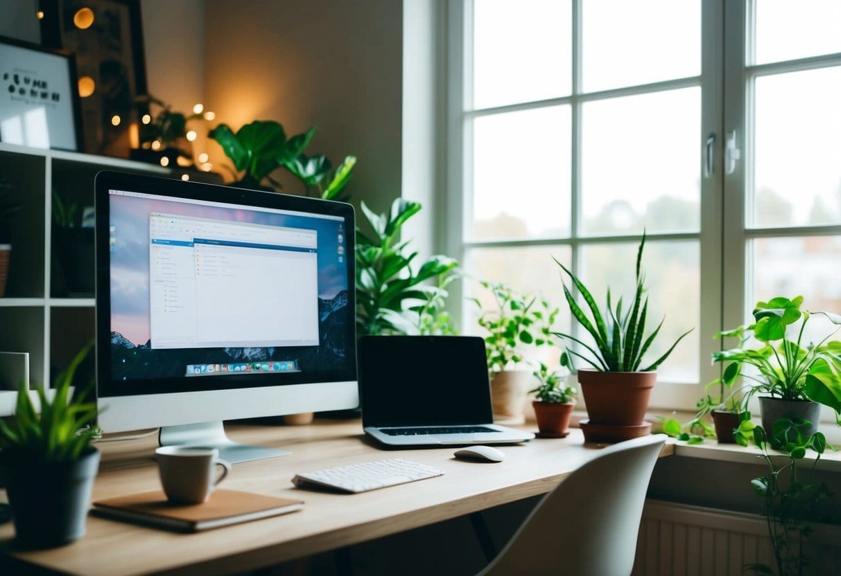 A cozy home office with a desk, computer, plants, and natural light streaming in through a window. A cup of coffee and a notebook sit on the desk