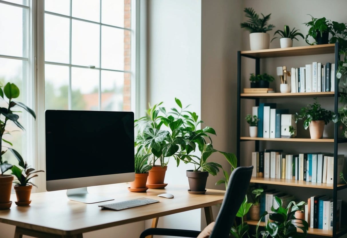 A cozy home office with a desk, computer, and plants. A large window lets in natural light, and a bookshelf is filled with productivity books