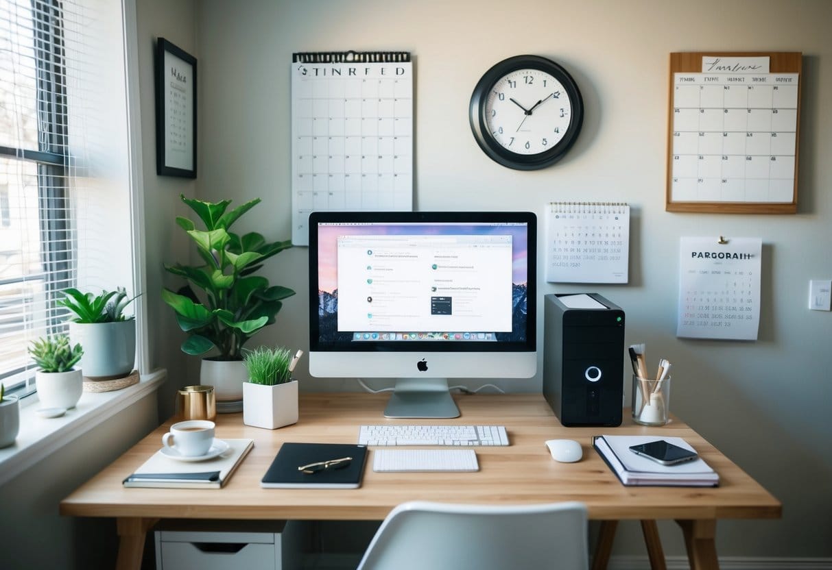 A cozy home office with a desk, computer, and organized supplies. A calendar and clock on the wall. A plant and a cup of coffee on the desk