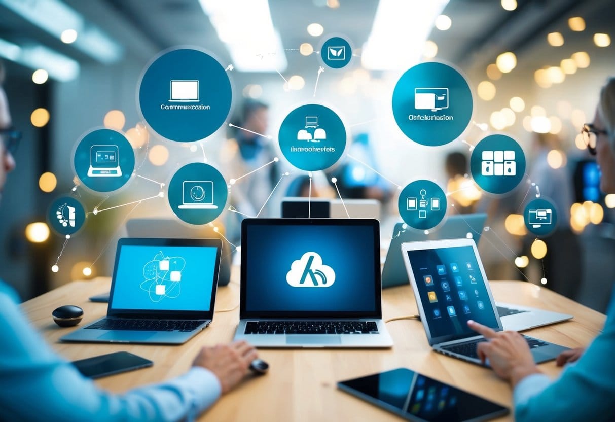 A group of interconnected devices and tools, such as laptops, tablets, and smartphones, surrounded by virtual communication and collaboration platforms