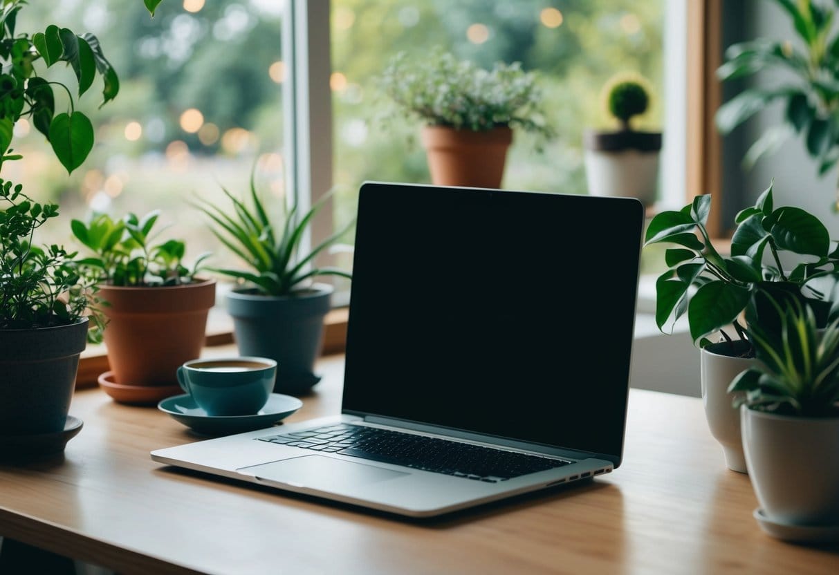 A cozy home office with a laptop, plants, and a cup of tea, surrounded by nature and natural light