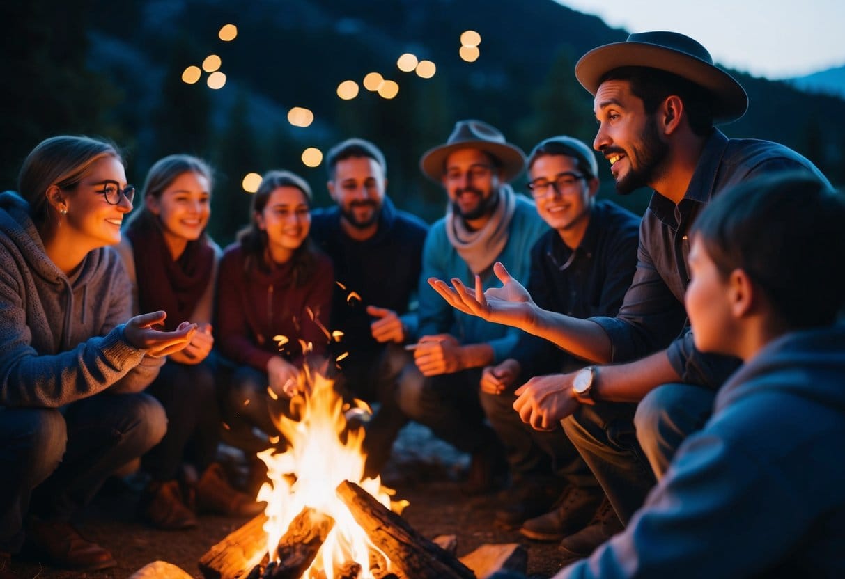 A group of people gathered around a glowing campfire, captivated by a storyteller's animated gestures and expressive facial expressions