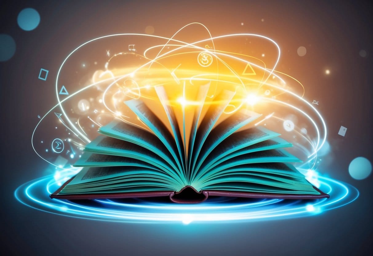 A glowing book surrounded by swirling lines and symbols, emanating energy and sparking creativity