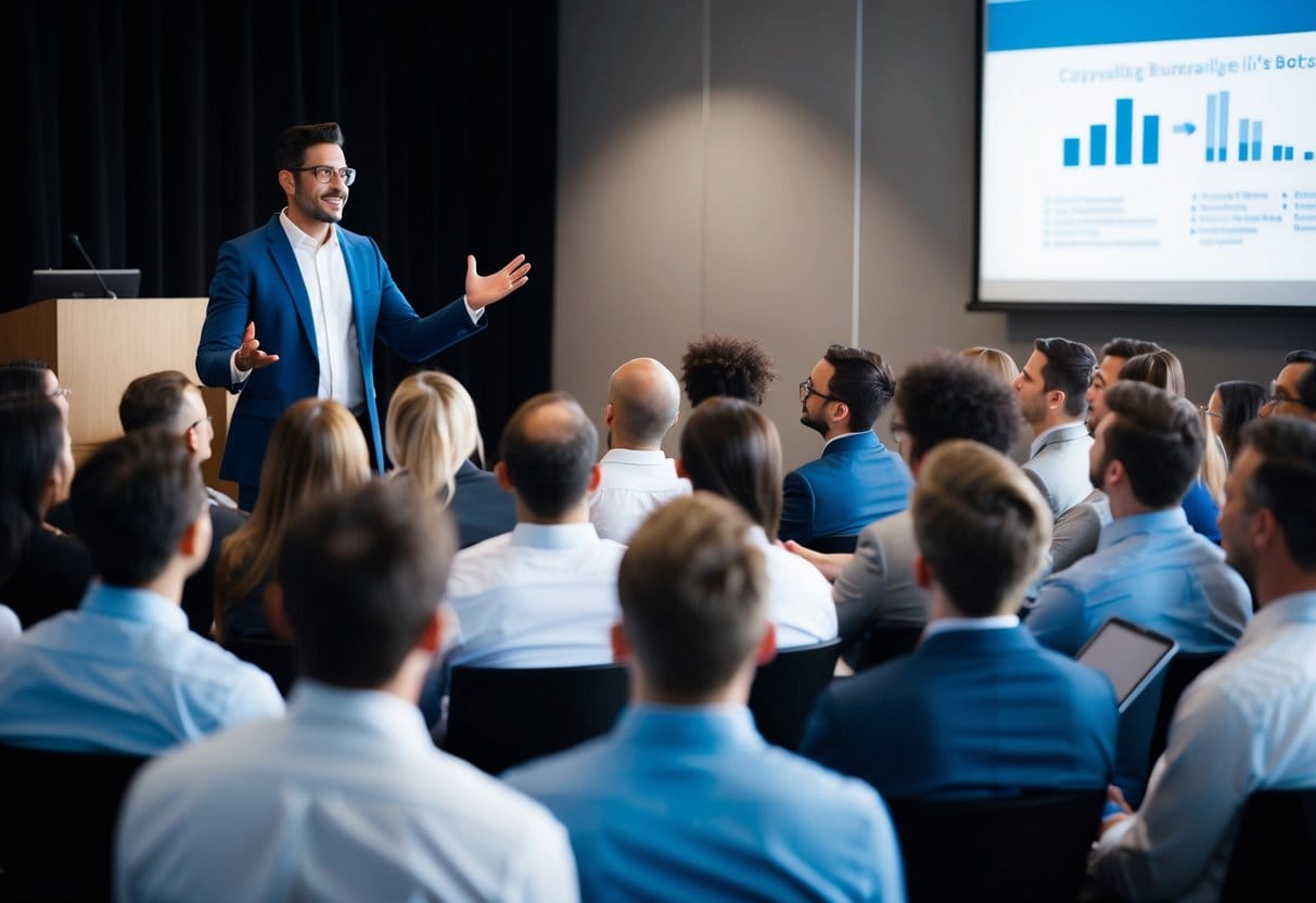 A business person presenting to a captivated audience, using expressive gestures and engaging body language to convey the power of storytelling in business and life