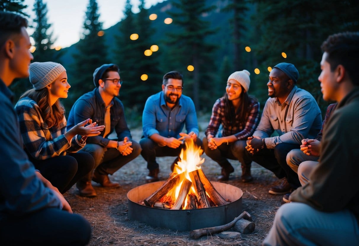A group of diverse individuals gathered around a campfire, listening intently to a storyteller weaving a tale with passion and conviction