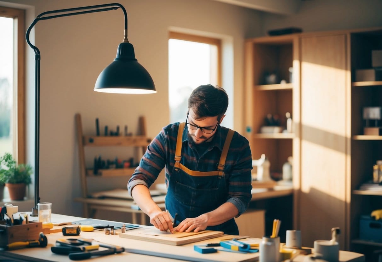 A person working on a passion project at a desk, surrounded by tools and materials. The room is filled with natural light, creating a warm and inviting atmosphere