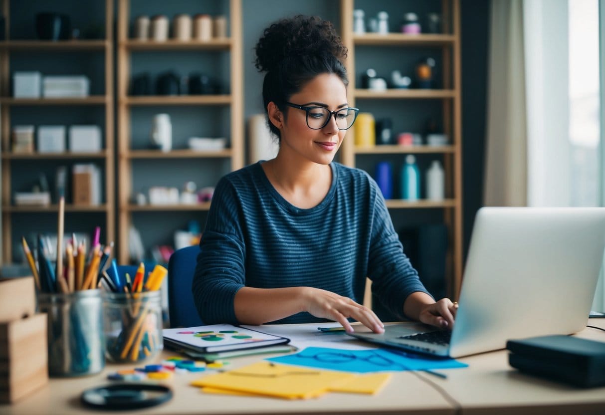 A person working on a side project at home, surrounded by art supplies and a laptop, with a look of determination and passion on their face