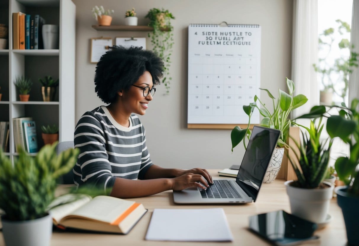 A person working on a laptop in a cozy home office, surrounded by books, plants, and inspirational quotes. A calendar on the wall marks the transition from side hustle to full-time pursuit