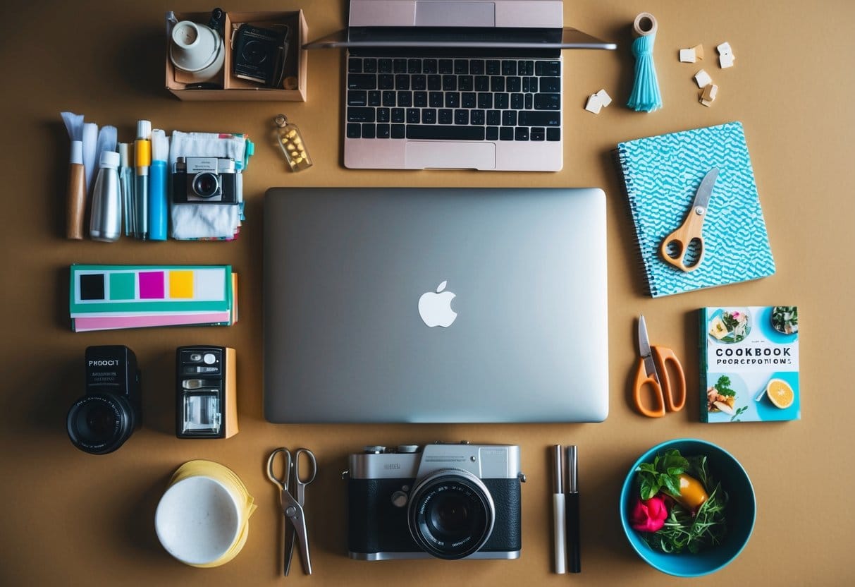 A laptop surrounded by various items representing different side hustles, such as art supplies, a camera, a sewing machine, and a cookbook