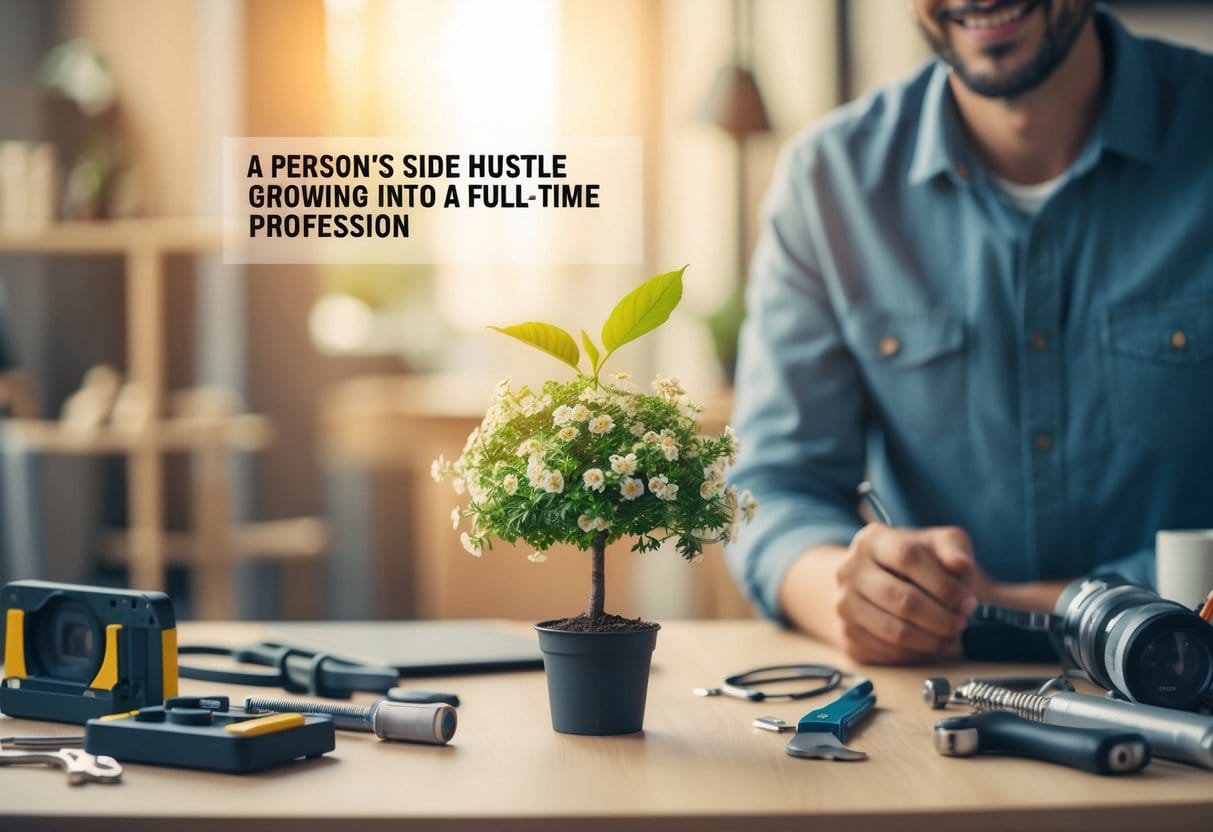 A person's side hustle growing into a full-time profession, symbolized by a small plant blossoming into a flourishing tree, surrounded by tools and resources