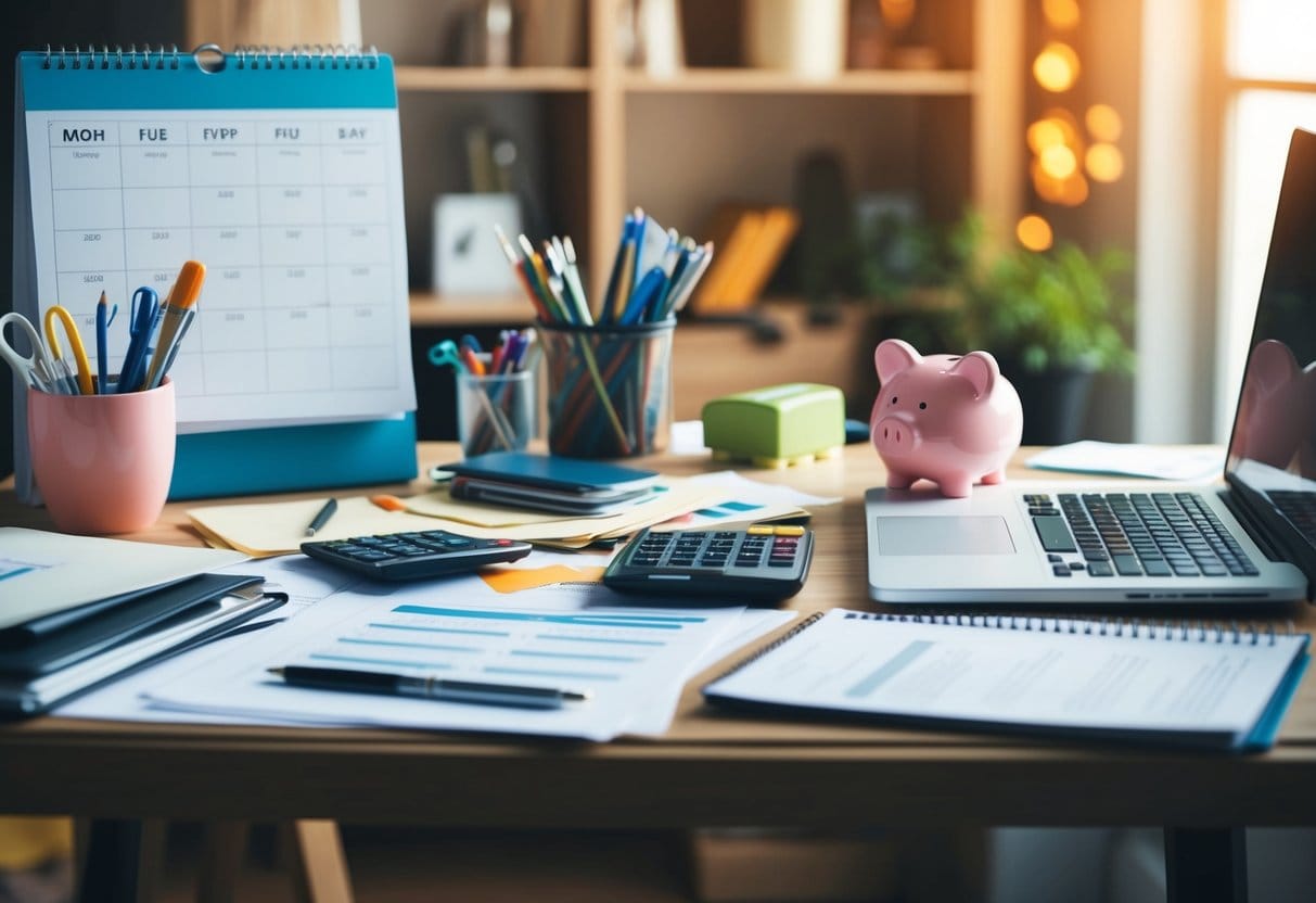 A cluttered desk with art supplies, a laptop, and financial documents. A piggy bank and calculator sit nearby. A calendar shows deadlines