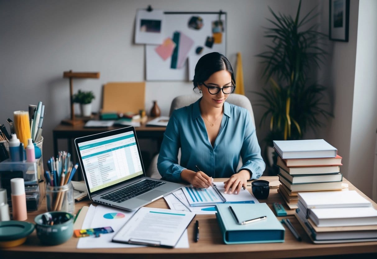 A desk cluttered with art supplies, a laptop open to a budgeting spreadsheet, and a stack of financial books. A creative professional sits focused on managing their personal finances