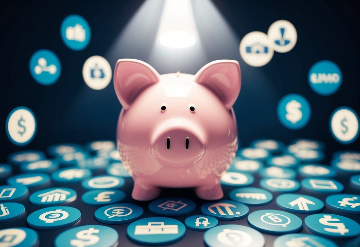 A piggy bank surrounded by various financial symbols and icons, with a spotlight shining on it