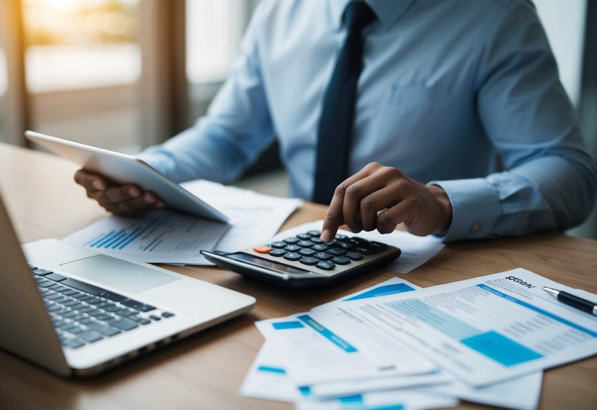 A desk with a laptop, calculator, and financial documents. A person is carefully reviewing their budget and credit card statements
