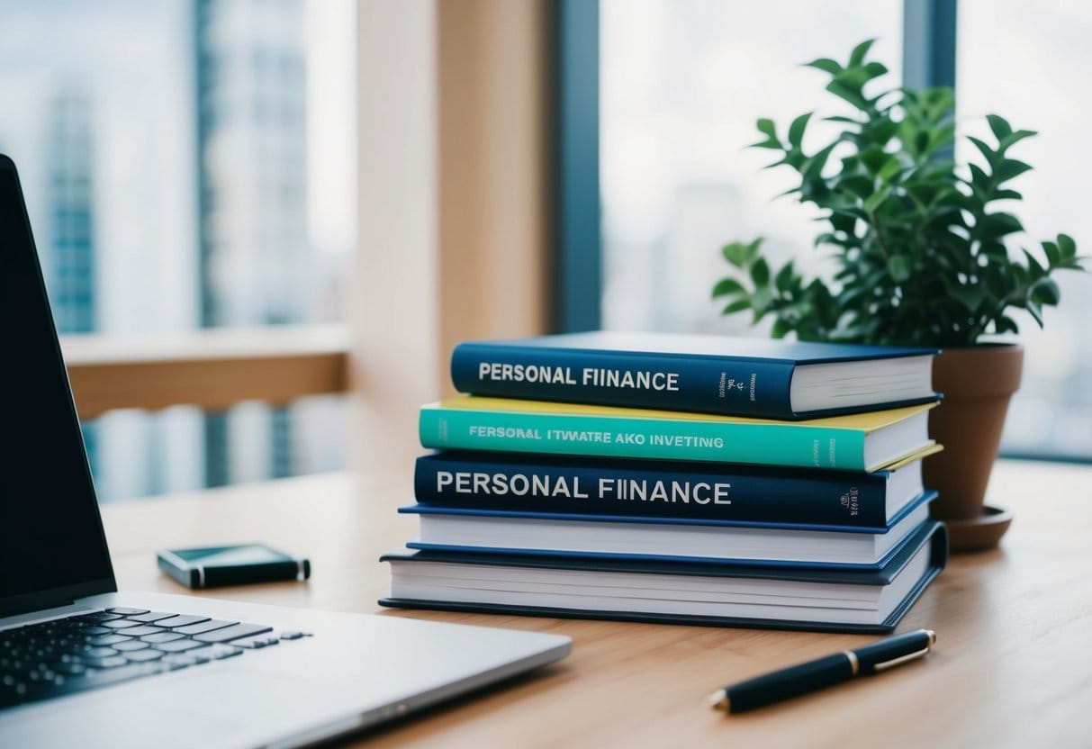 A desk with a laptop, notebook, and pen. A stack of books on personal finance and investing. A plant in a pot