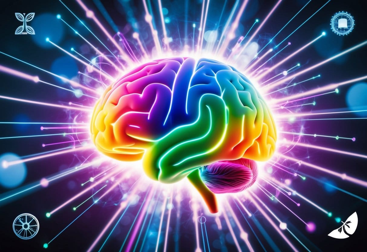 A colorful brain with bright, interconnected pathways and vibrant energy radiating from it, surrounded by uplifting symbols and imagery