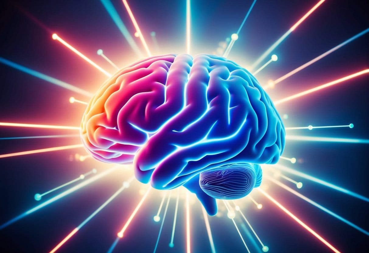 A vibrant brain surrounded by glowing pathways of positive energy