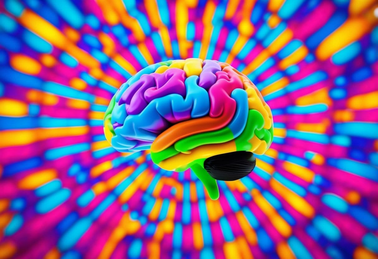 A colorful brain surrounded by vibrant, swirling patterns, radiating positivity and optimism
