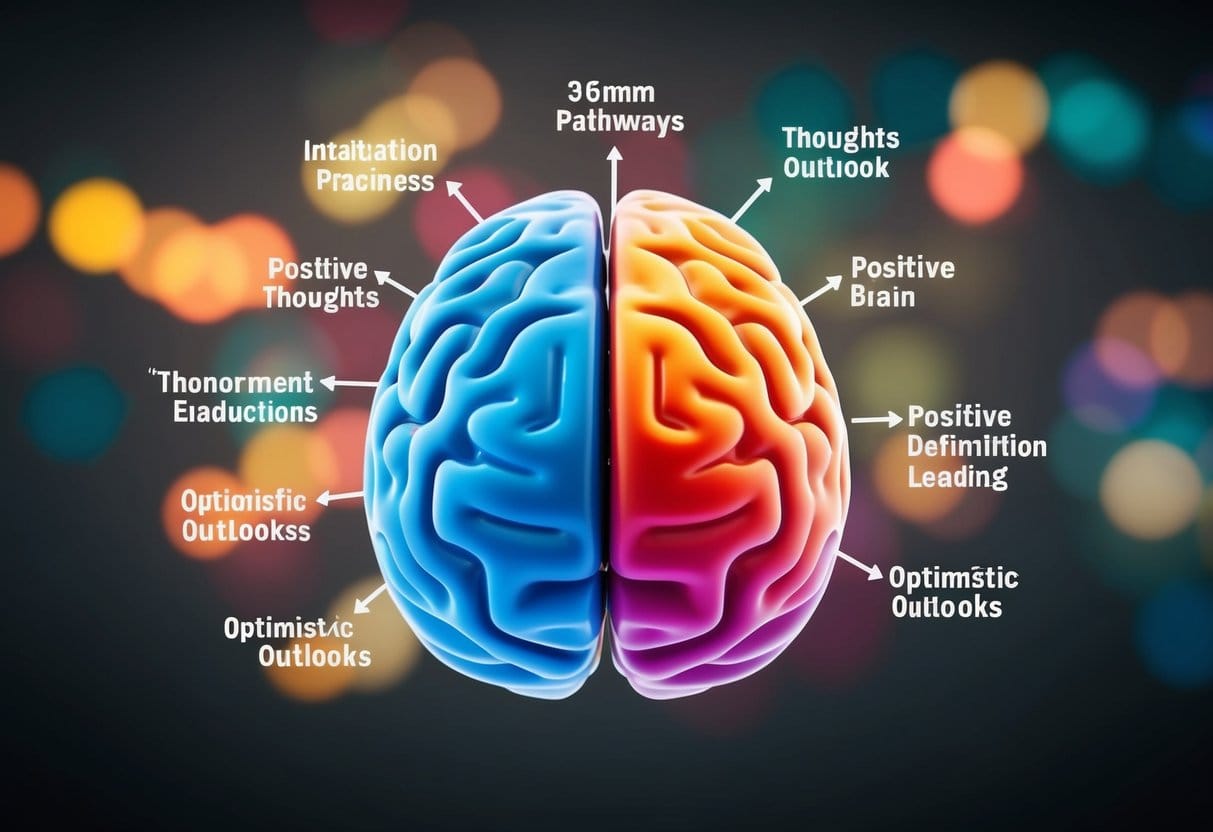 A colorful brain with pathways leading to positive thoughts and optimistic outlooks