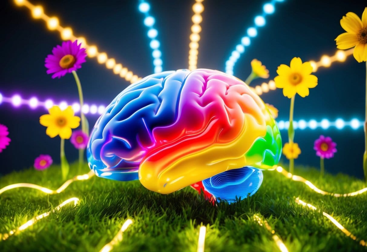 A colorful brain surrounded by glowing pathways and vibrant flowers, symbolizing the training of the mind for optimism and resilience
