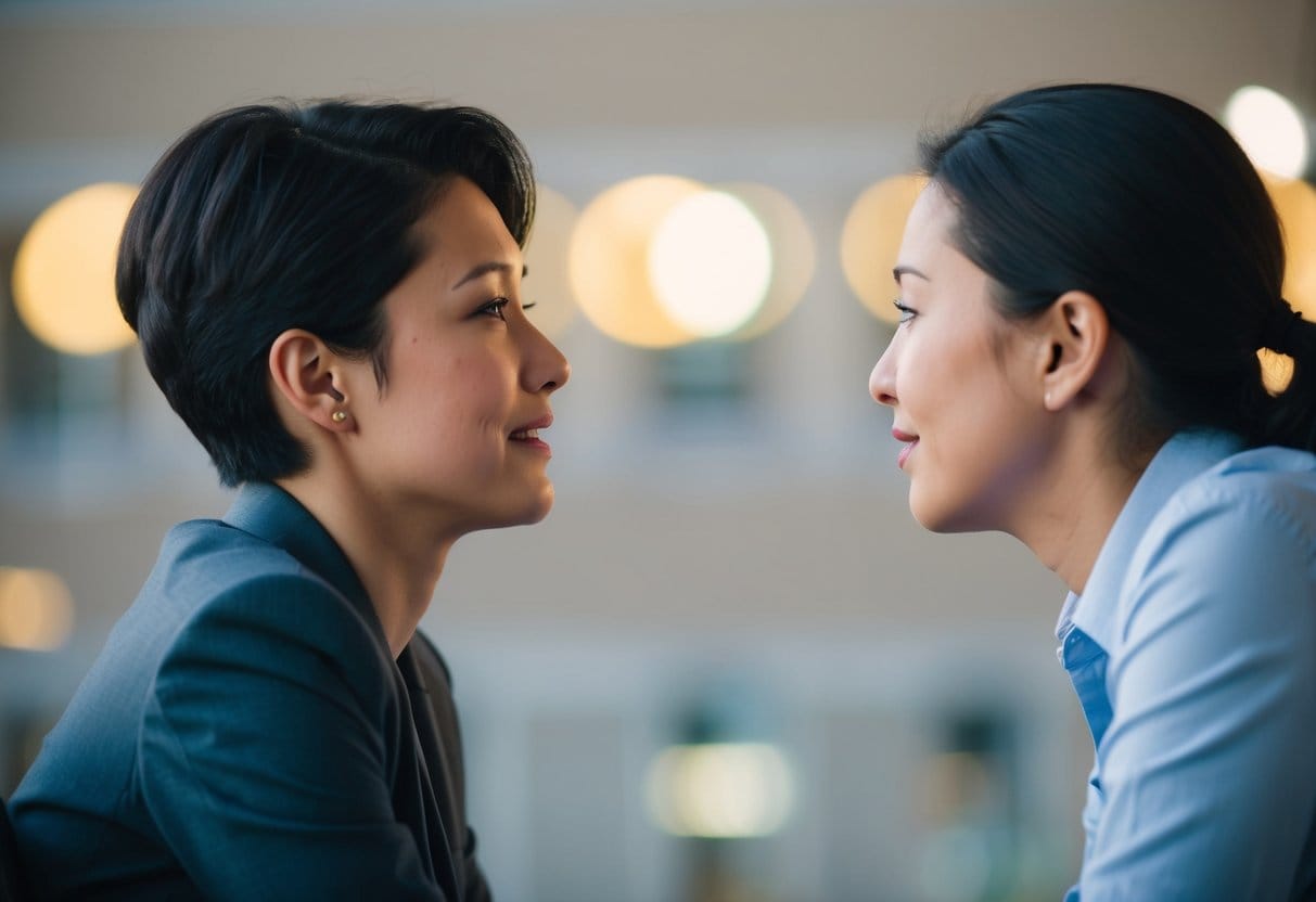 A person sitting with an open posture, leaning forward, and making eye contact with another person. The listener is nodding and showing empathy through their facial expression
