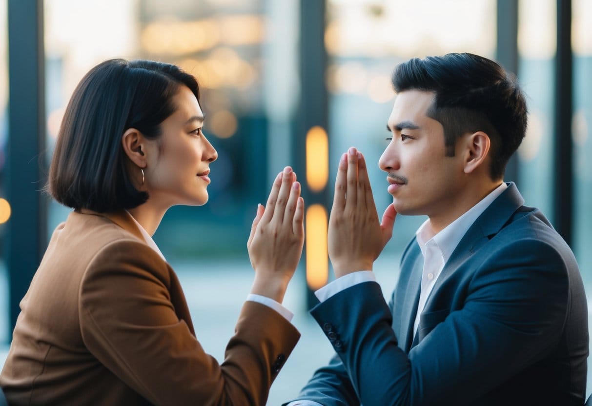 A person sitting with open body language, facing another with a focused and attentive expression, nodding and making eye contact