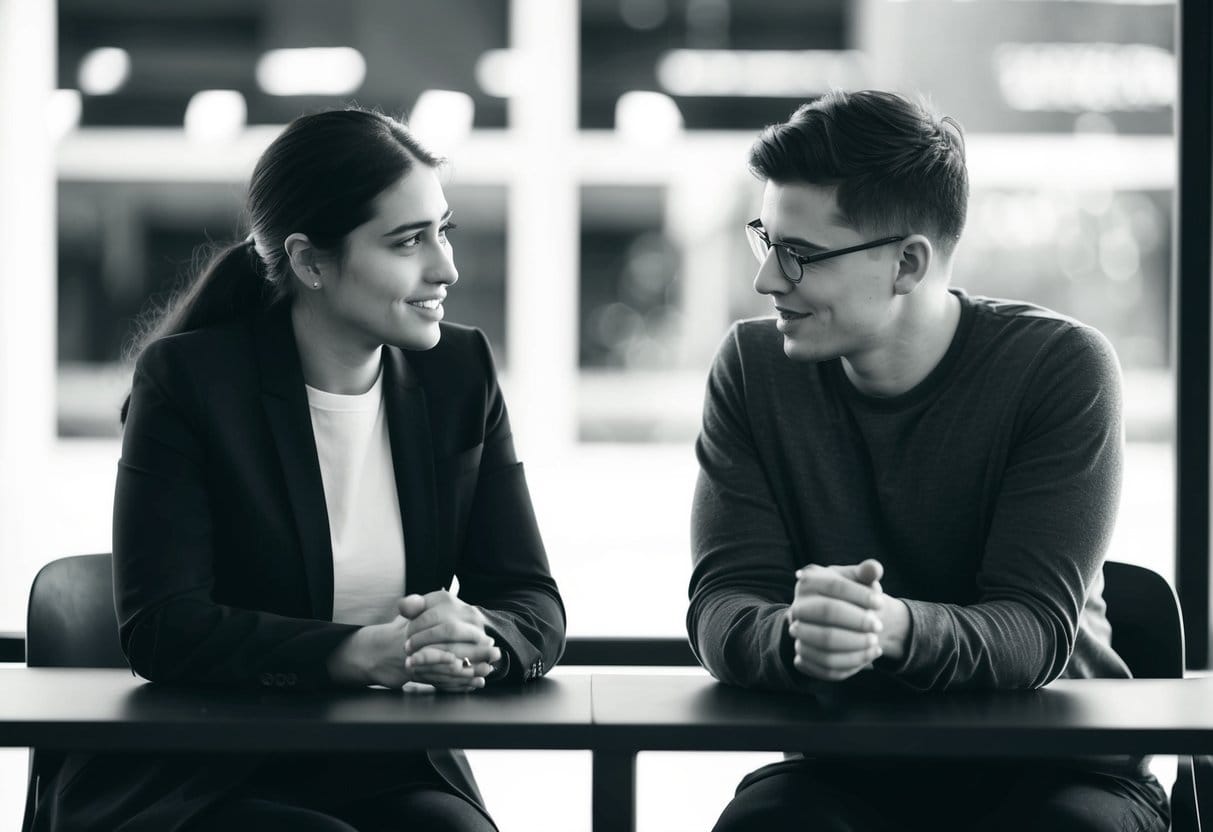 Two individuals sitting across from each other, leaning in with attentive expressions. One person is speaking while the other listens intently, showing empathy and understanding