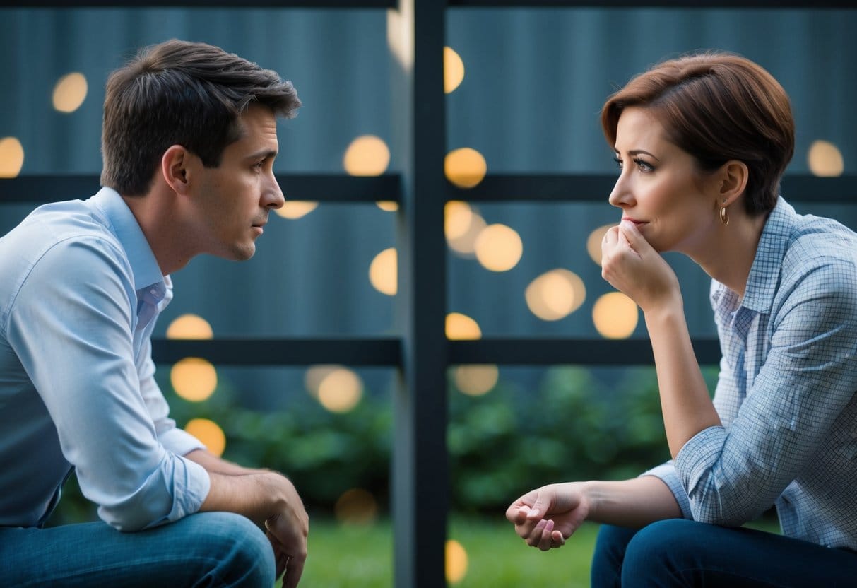 Two people sitting facing each other, one with a concerned expression, the other with a thoughtful and attentive demeanor. A barrier, such as a wall or fence, is shown being overcome between them