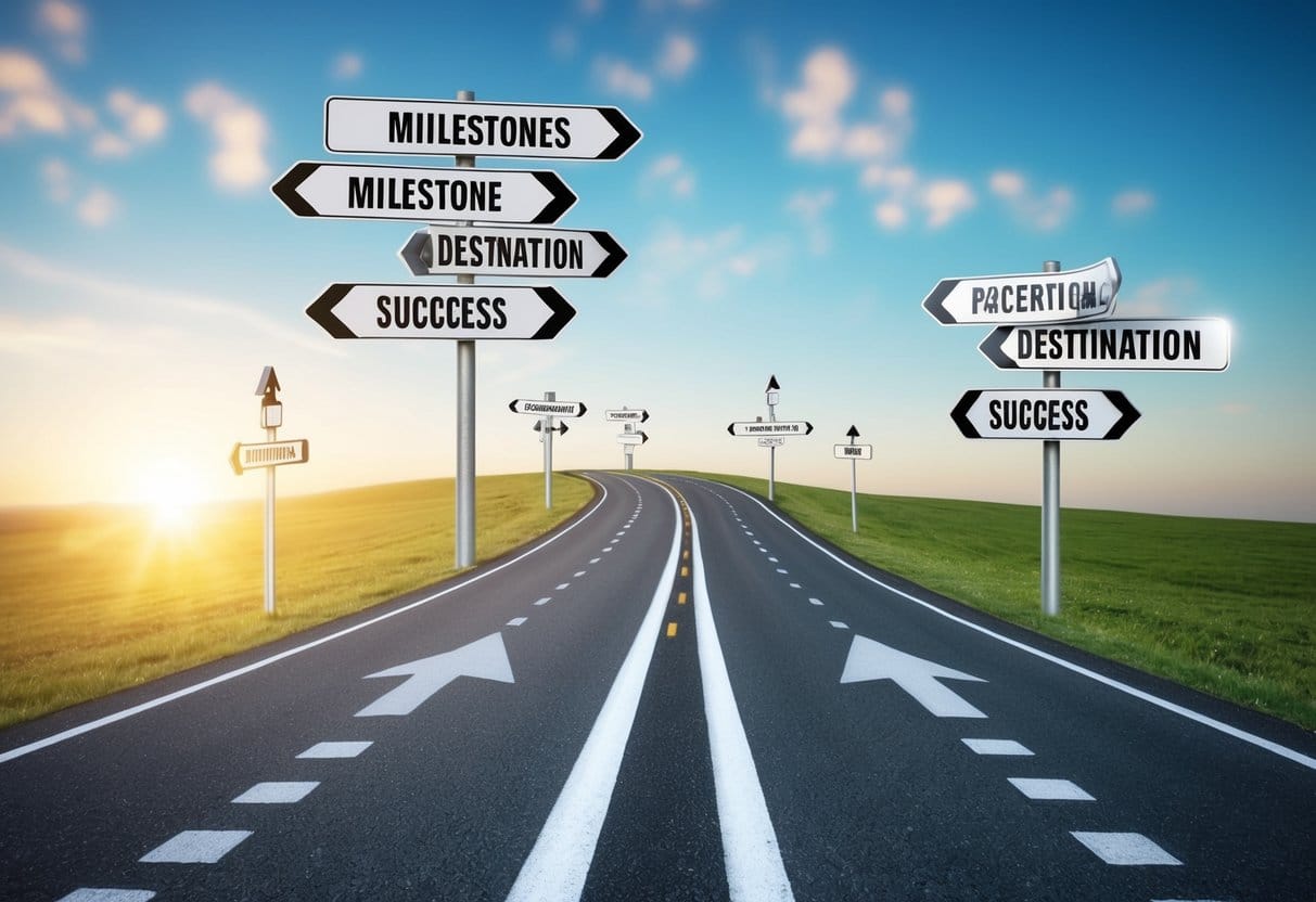 A winding road with various milestones, arrows pointing towards a destination, and a clear path leading to success