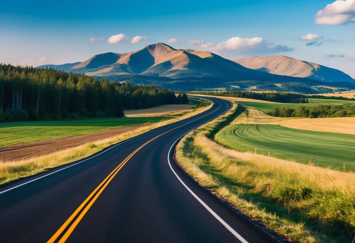 A winding road leading through a diverse landscape with mountains, forests, and open fields, symbolizing the journey of strategic planning for personal goals